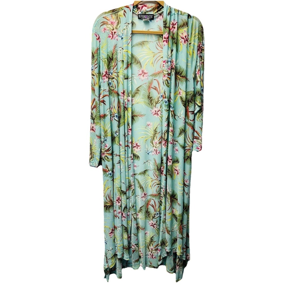 The Pyramid Collection 2X Plus Mint Green Tropical Floral Mesh Duster Cardigan